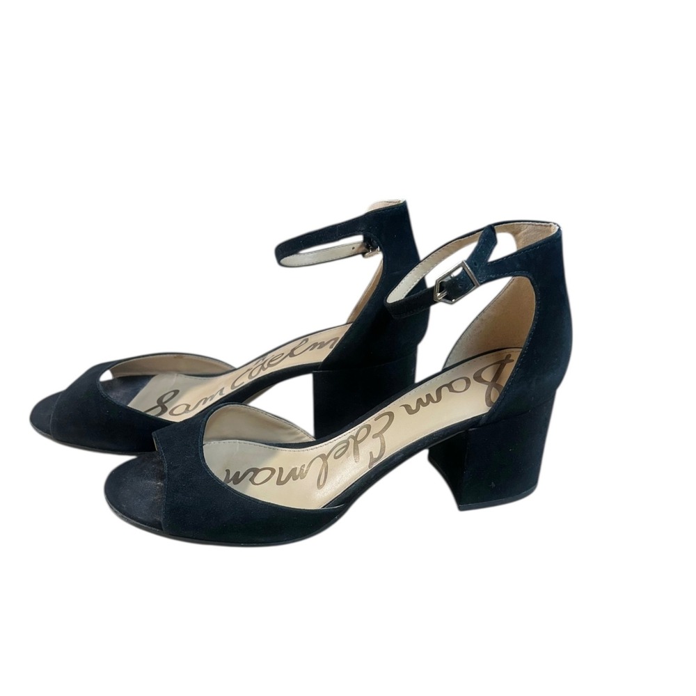 Sam Edelman Black Suede Peep Toe Ankle Strap Block Heels Women's Size 10M